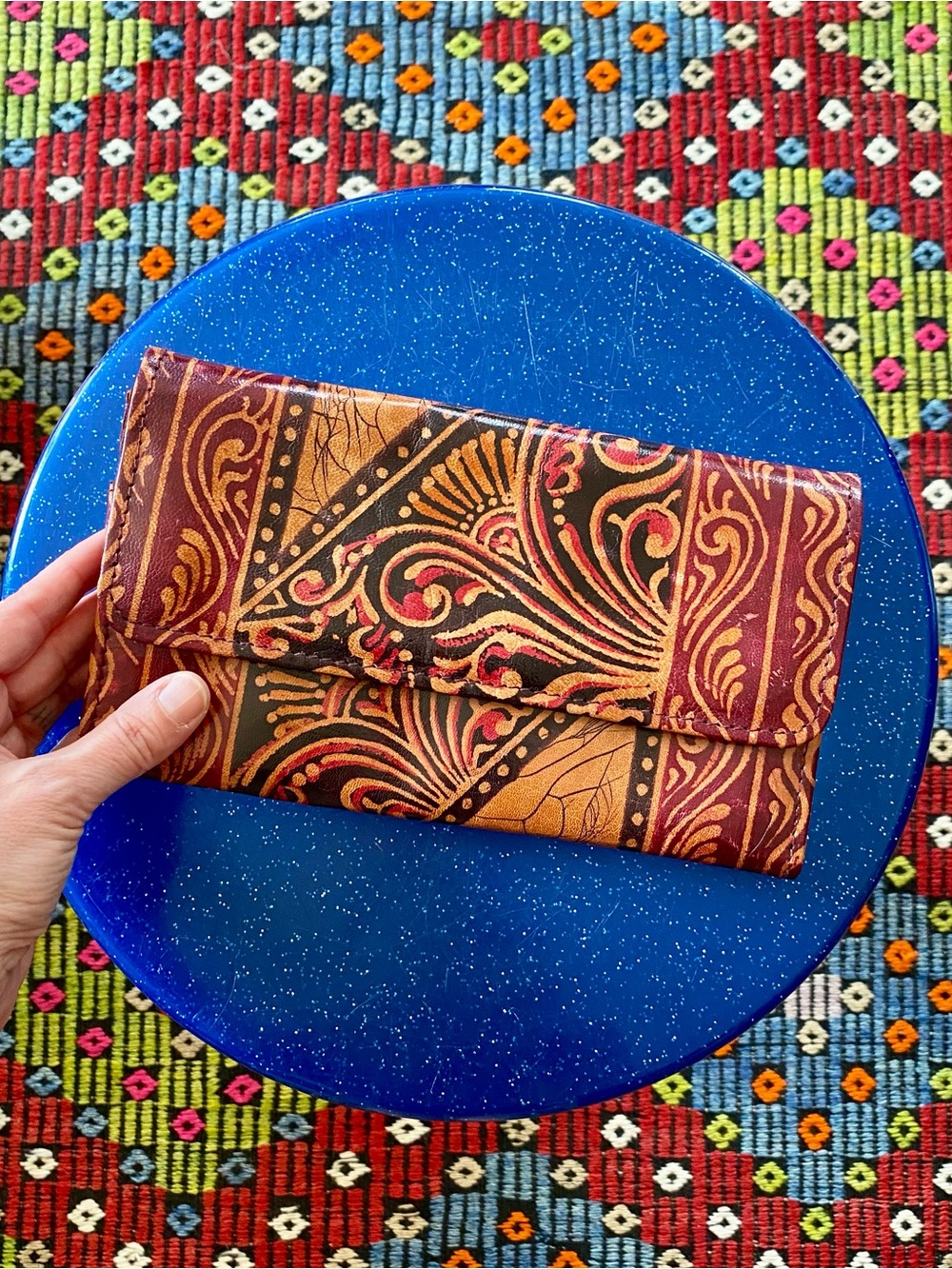Handcrafted Maroon and Black Printed Leather Clutch Wallet